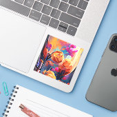 Floral Abstract Kunst Oranje Rode Blauwe Bloemen Sticker (Laptop met iPhone)