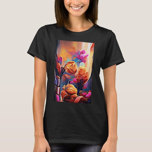 Floral Abstract Kunst Oranje Rode Blauwe Bloemen T-shirt (Voorkant)