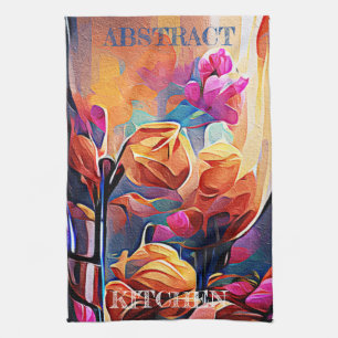 Floral Abstract Kunst Oranje Rode Blauwe Bloemen Theedoek