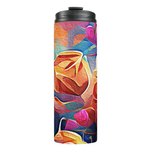 Floral Abstract Kunst Oranje Rode Blauwe Bloemen Thermosbeker (Voorkant)