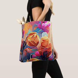Floral Abstract Kunst Oranje Rode Blauwe Bloemen Tote Bag