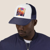 Floral Abstract Kunst Oranje Rode Blauwe Bloemen Trucker Pet (In situ)