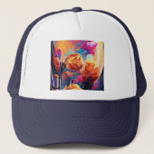 Floral Abstract Kunst Oranje Rode Blauwe Bloemen Trucker Pet (Voorkant)