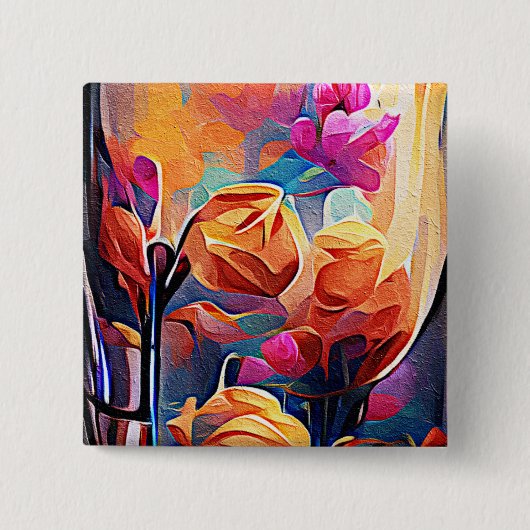 Floral Abstract Kunst Oranje Rode Blauwe Bloemen Vierkante Button 5,1 Cm (Voorkant)