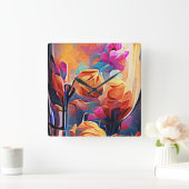 Floral Abstract Kunst Oranje Rode Blauwe Bloemen Vierkante Klok (Huis)