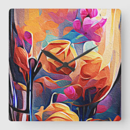 Floral Abstract Kunst Oranje Rode Blauwe Bloemen Vierkante Klok
