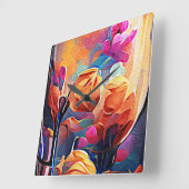 Floral Abstract Kunst Oranje Rode Blauwe Bloemen Vierkante Klok (Hoek)
