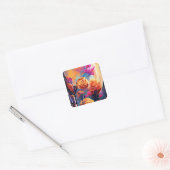 Floral Abstract Kunst Oranje Rode Blauwe Bloemen Vierkante Sticker (Envelop)