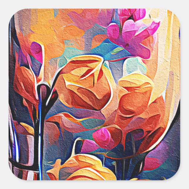 Floral Abstract Kunst Oranje Rode Blauwe Bloemen Vierkante Sticker (Voorkant)