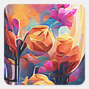 Floral Abstract Kunst Oranje Rode Blauwe Bloemen Vierkante Sticker