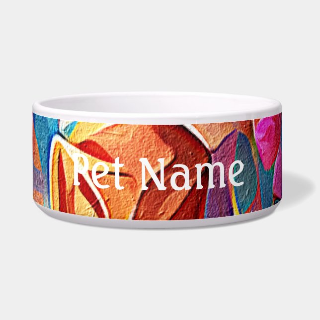 Floral Abstract Kunst Oranje Rode Blauwe Bloemen Voerbakje (Voorkant)