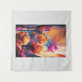 Floral Abstract Kunst Oranje Rode Blauwe Bloemen Wandkleed (Voorkant (horizontaal))