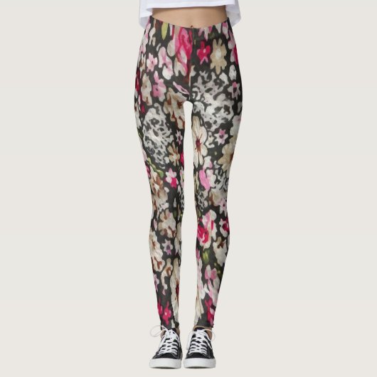 Floral Abstract ontwerp voor zwart en roze patroon Leggings (Voorkant)