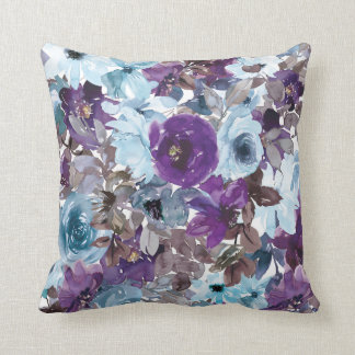 Floral Accent bij blauwe en Paarse Waterverf Kussen