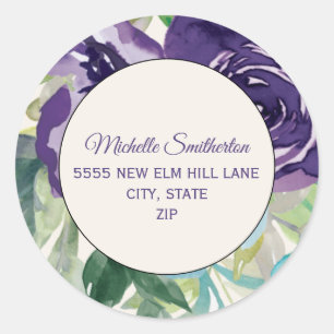 Floral adres Paarse blauwe Waterverf Ronde Sticker