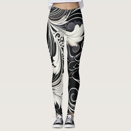 Floral afdrukken in zwart-wit leggings (Voorkant)