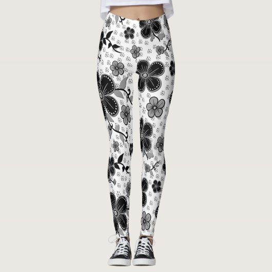 Floral afdrukken in zwart-wit leggings (Voorkant)