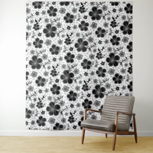 Floral afdrukken in zwart-wit wandkleed