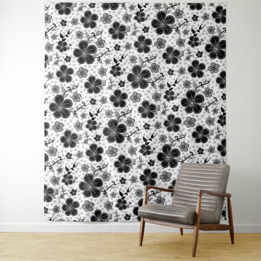 Floral afdrukken in zwart-wit wandkleed (In situ)