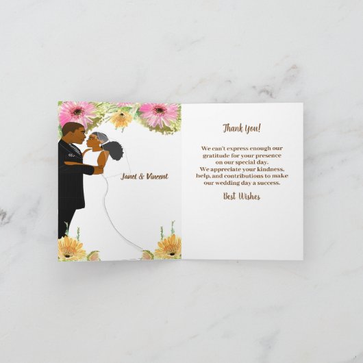 Floral Afro-Amerikaanse bruiloft dank u Bedankkaart (Binnen)