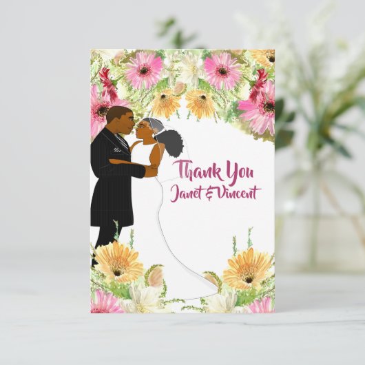 Floral Afro-Amerikaanse bruiloft paar dank u (Staand voorkant)