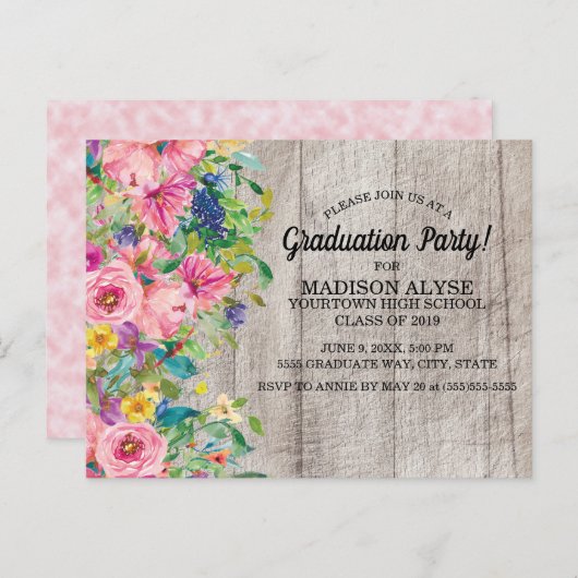 Floral Afstudeerder Partij bij de Roze Roze Blauwe Briefkaart (Voorkant / Achterkant)