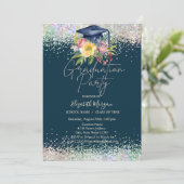 Floral Afstudeerder Pet, Confetti Navy Blue Afstud Kaart (Staand voorkant)