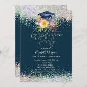 Floral Afstudeerder Pet, Confetti Navy Blue Afstud Kaart (Voorkant / Achterkant)