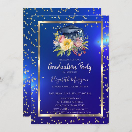 Floral Afstudeerder Pet Navy Blue Afstuderen Kaart (Voorkant / Achterkant)