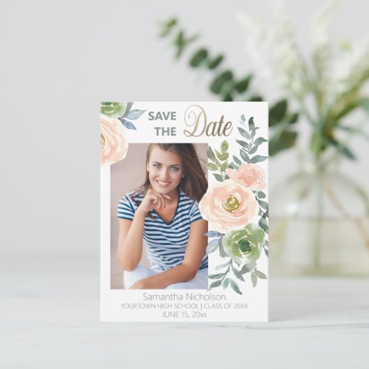 Floral Afstuderen Aankondiging Opslagdatum Foto Briefkaart (Staand voorkant)