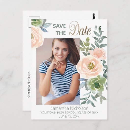 Floral Afstuderen Aankondiging Opslagdatum Foto Briefkaart (Voorkant / Achterkant)