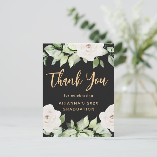 Floral Afstuderen Bedankt Script Zwart Briefkaart (Staand voorkant)