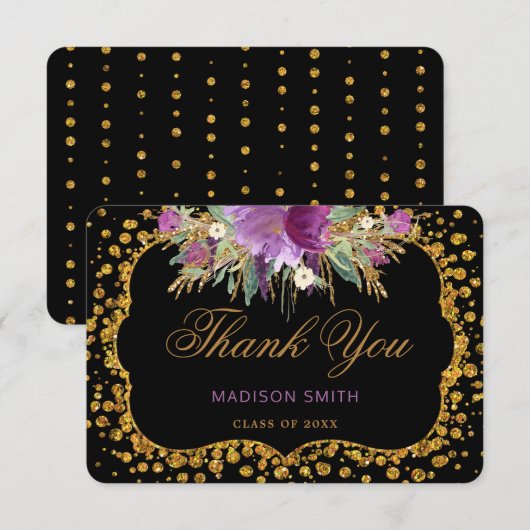 Floral Afstuderen Dank je gouden Confetti Aankondiging (Voorkant / Achterkant)