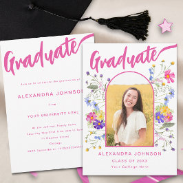 Floral Afstuderen Foto Roze Script Afstudeerfeest Kaart