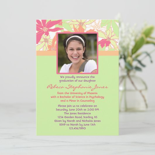 Floral Afstuderen Foto Uitnodiging (Staand voorkant)