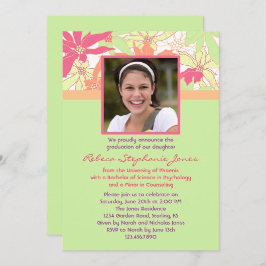 Floral Afstuderen Foto Uitnodiging (Voorkant / Achterkant)