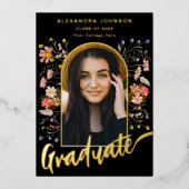 Floral Afstuderen Fotoscript Graduation Party Gold Folie Uitnodiging (Voorkant)