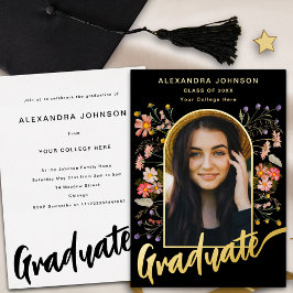 Floral Afstuderen Fotoscript Graduation Party Gold Folie Uitnodiging
