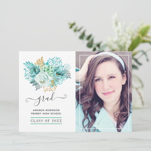 Floral Afstuderen Mint en Gold Waterverf Foto Aankondiging (Staand voorkant)