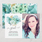 Floral Afstuderen Mint en Gold Waterverf Foto Aankondiging (Voorkant / Achterkant)
