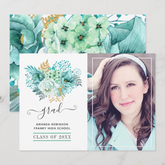Floral Afstuderen Mint en Gold Waterverf Foto Aankondiging (Voorkant / Achterkant)