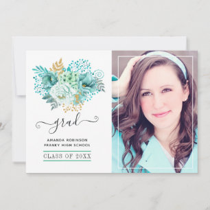 Floral Afstuderen Mint en Gold Waterverf Foto Aankondiging