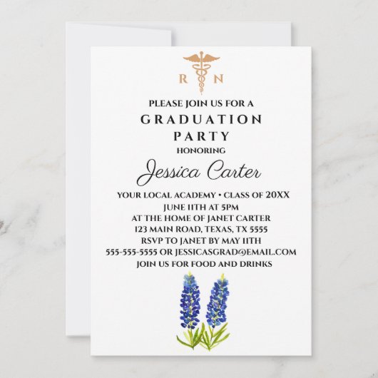 Floral Afstuderen Nurse Typografie Bluebonnets Kaart (Voorkant)