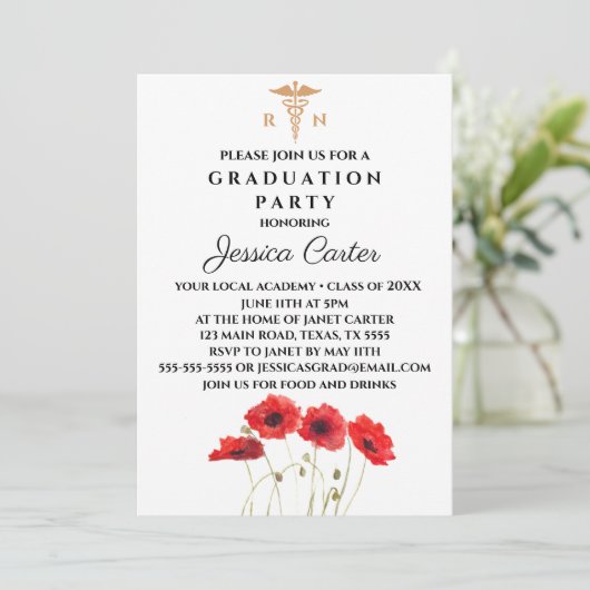 Floral Afstuderen Nurse Typography Poppies Kaart (Staand voorkant)