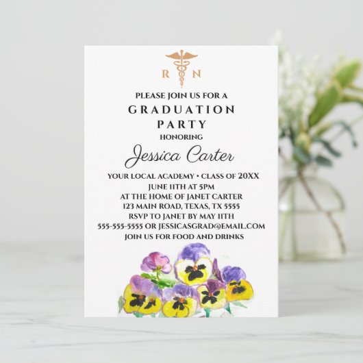 Floral Afstuderen Zurse Typografie Pansies Kaart (Staand voorkant)