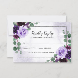 Floral Airy Paarse en Zilveren Bruiloft RSVP Kaart