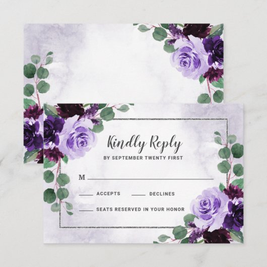 Floral Airy Paarse en Zilveren Bruiloft RSVP Kaart (Voorkant / Achterkant)