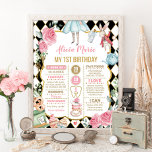 Floral Alice in Wonderland 1st Birthday Milestone Poster<br><div class="desc">Schattig zwart,  roze en gouden verjaardagskerbord met poster van whimsical Alice in Wonderland</div>
