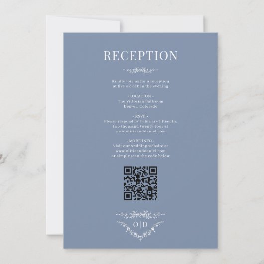 Floral All in One Victorian Blue Wedding Monogram Kaart (Achterkant)