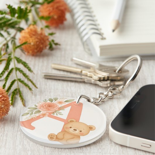 Floral Alphabet A Keychain – Cute Bear  (Voorkant Rechts)